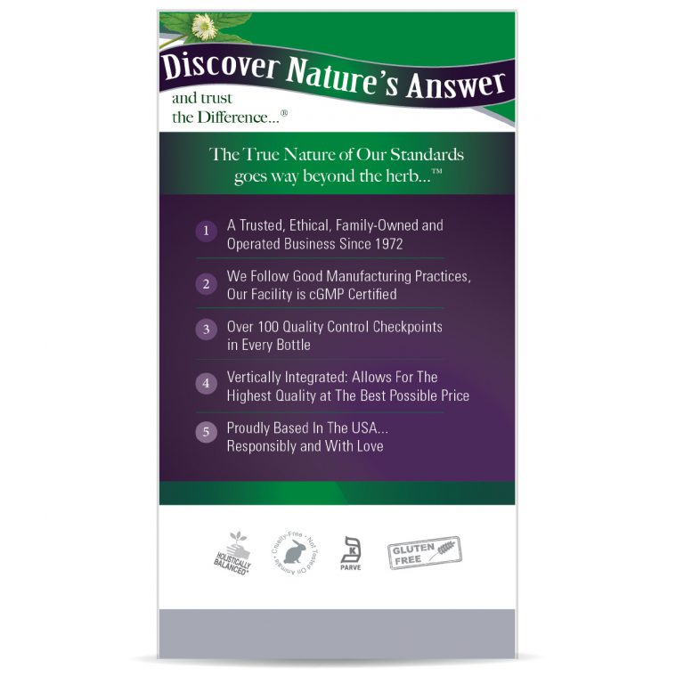 Product packaging with 'Discover Nature's Answer' branding and certification logos on a white background