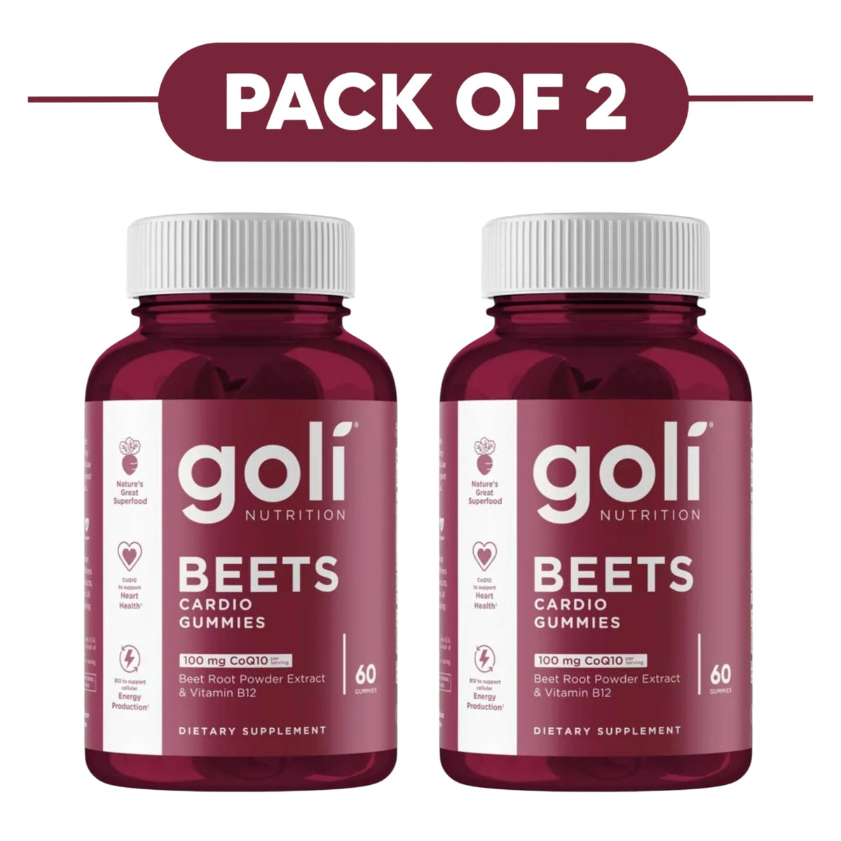 Goli Nutrition Beets Cardio Gummies CoQ10 100mg 60 Count Pack of 2