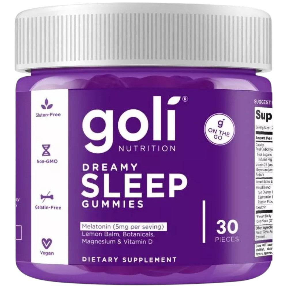 Front Image: Goli Nutrition Dreamy Sleep Gummies 5mg melatonin bottle 30 count