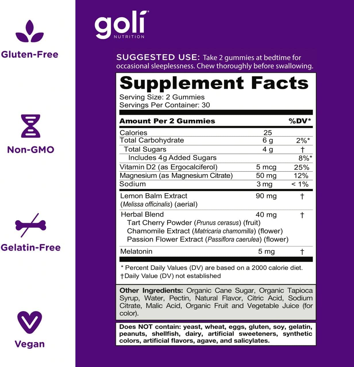 Supplement Facts & Ingredients Image: Goli Dreamy Sleep Gummies ingredient label 60 gummies
