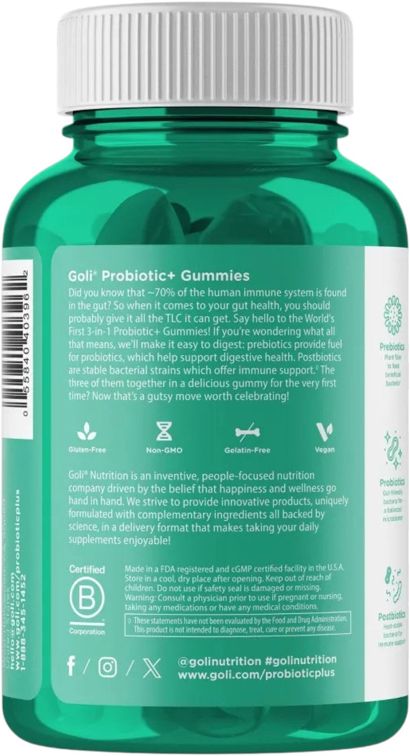 Back Image: Goli Nutrition Pre Post Probiotics Gummies bottle 60 count