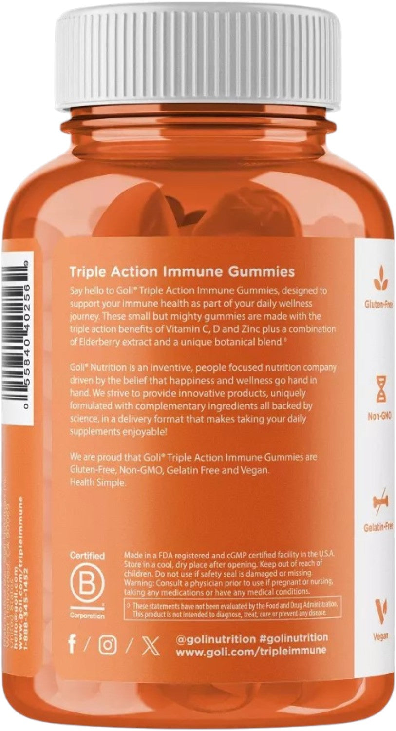 Back Image: Goli Nutrition Triple Action Immune Gummies bottle 60 count