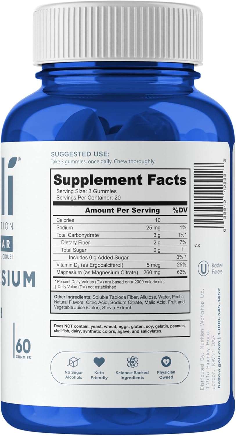 Goli Zero Sugar Magnesium Gummies ingredient bottle 60 count