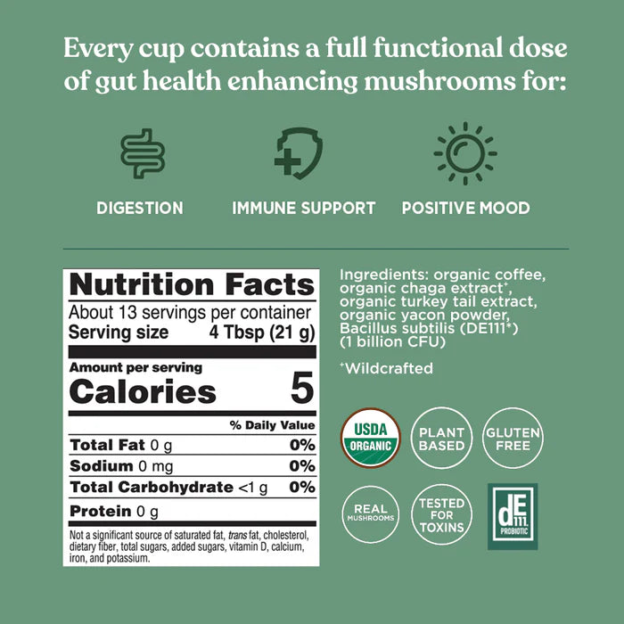 Nutrition facts, ingredients, brewing guide, and certifications.