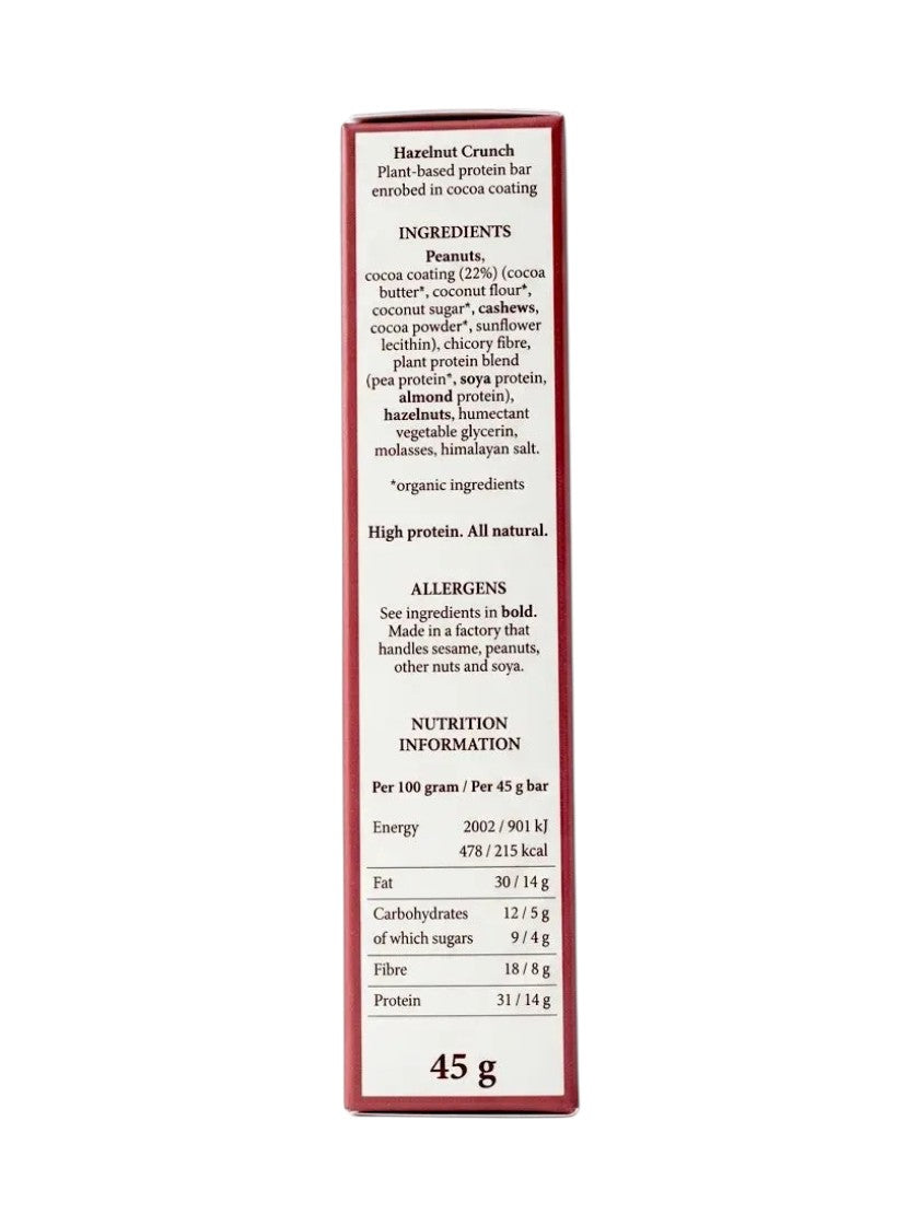 Origin Hazelnut Crunch Vegan Protein Bar ingredients and nutrition 45g