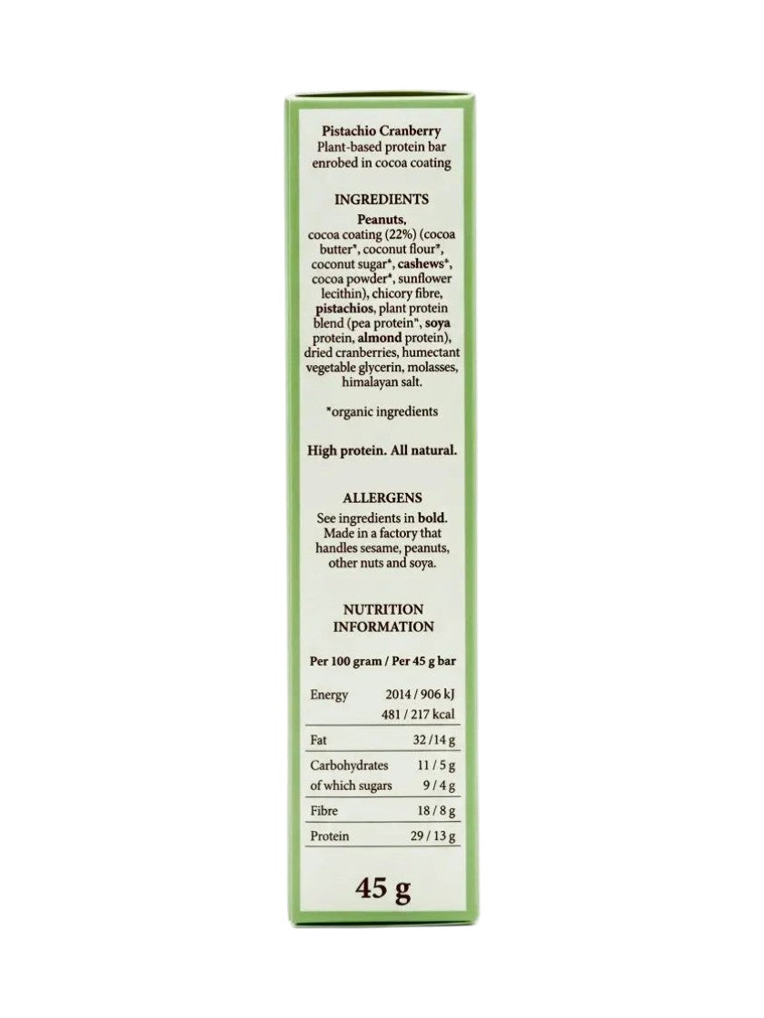 Origin Pistachio Cranberry Vegan Protein Bar ingredients and nutrition 45g