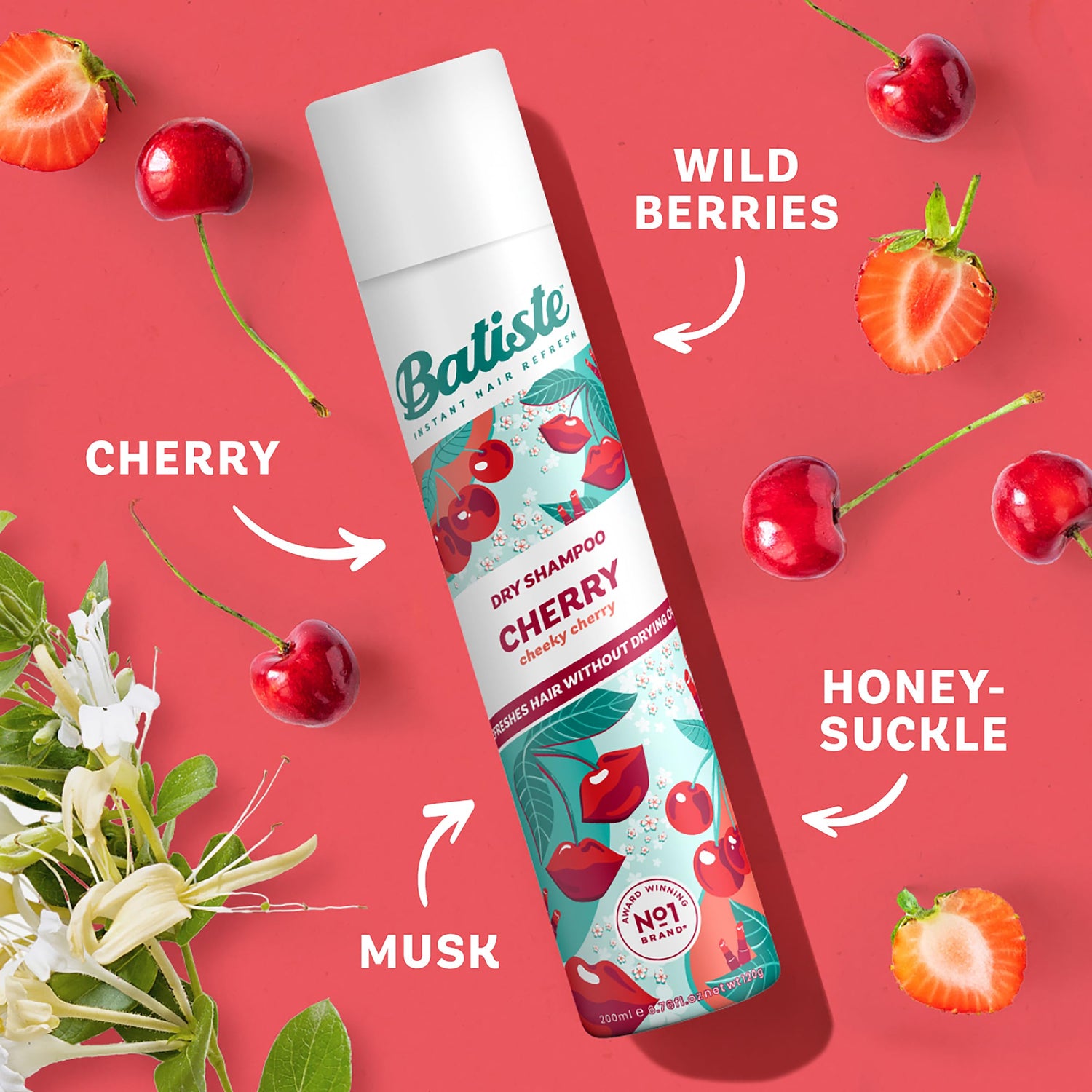 Batiste Dry Shampoo Cherry Cheeky Cherry 200ml can, red design on wild berry, cherry, musk and hiney cuckle fragrance.
