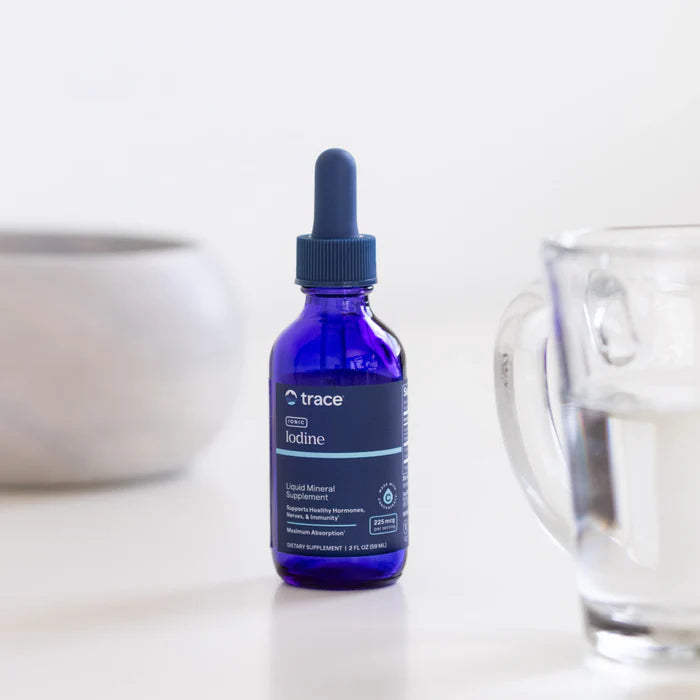 Blue bottle of trace Iodine supplement with a dropper on a white surface.