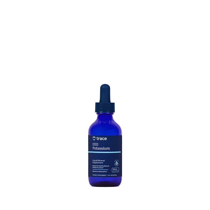 Blue bottle of trace minerals on a white background