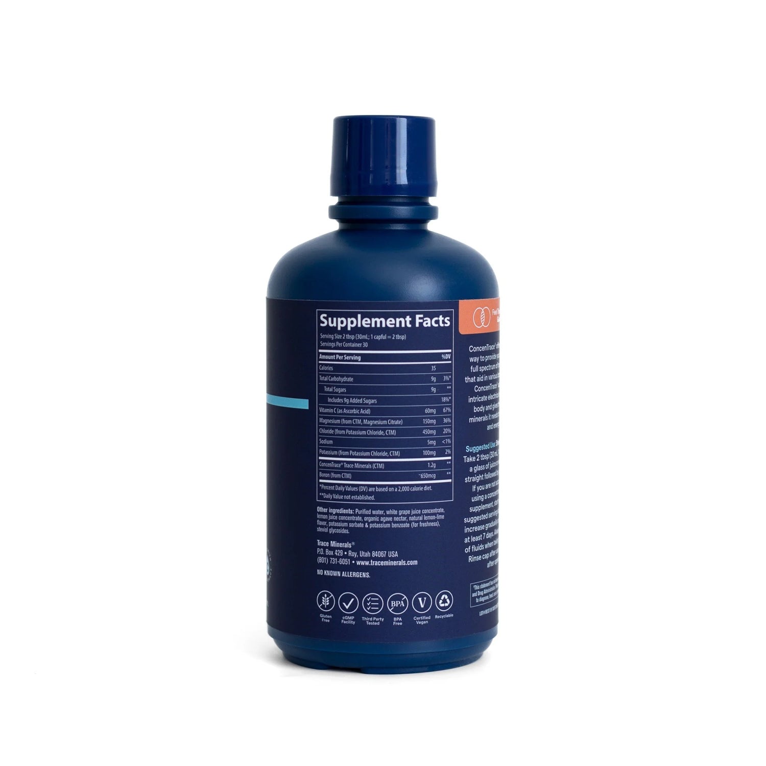 Blue supplement bottle with label on a white background