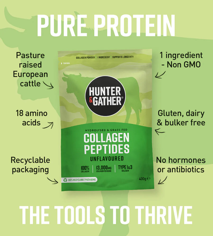 Hunter & Gather collagen peptides package with green background and text highlighting features.