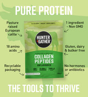 Hunter & Gather collagen peptides package with green background and text highlighting features.