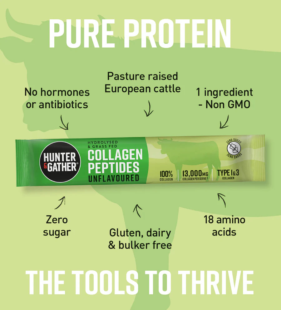 Hunter & Gather Collagen Peptides packaging with green background and text highlighting features.