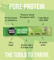 Hunter & Gather Collagen Peptides packaging with green background and text highlighting features.