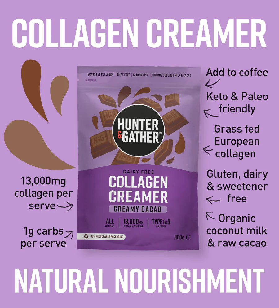 Hunter & Gather Collagen Creamer package on a purple background with text highlighting features.