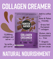 Hunter & Gather Collagen Creamer package on a purple background with text highlighting features.