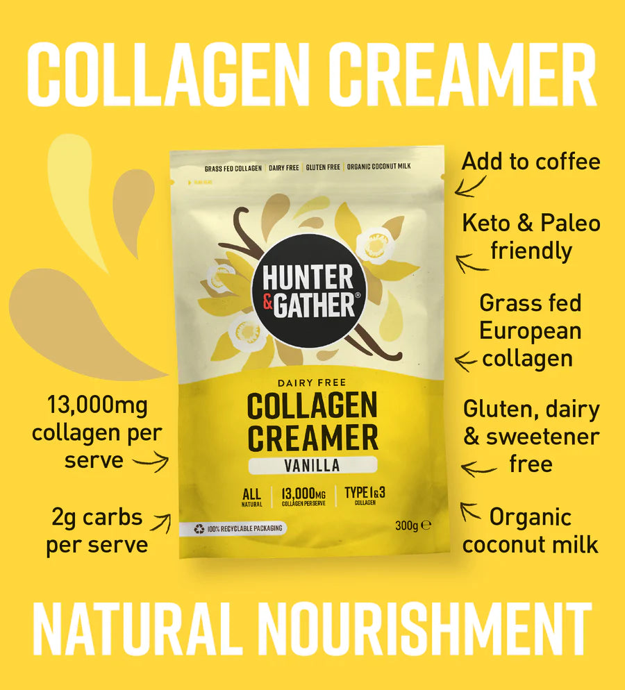 Hunter & Gather Collagen Creamer package on a yellow background with text highlighting features.