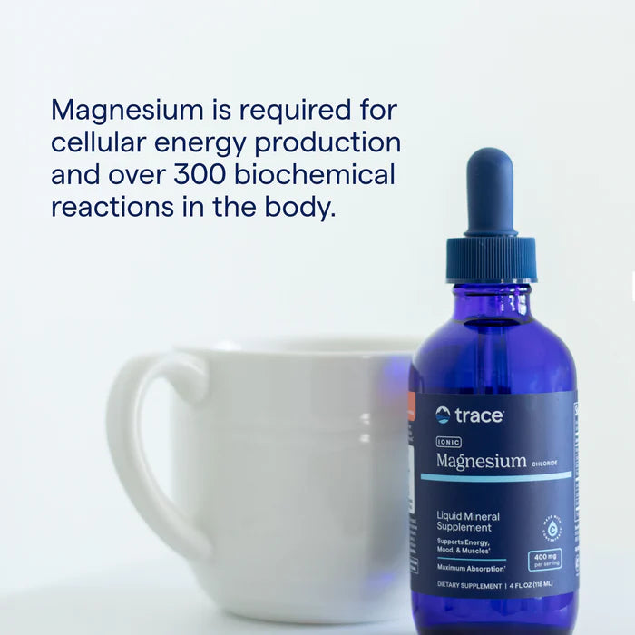 Blue bottle of magnesium supplement with a white mug on a light gray background