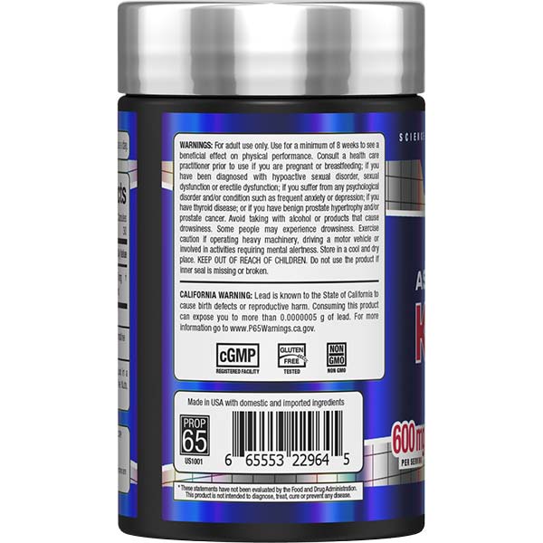 Supplement warnings and barcode for ALLMAX Ashwagandha KSM-66.