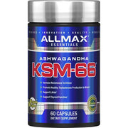 ALLMAX Essentials Ashwagandha KSM-66 bottle, 60 vegan capsules, 600mg extract.