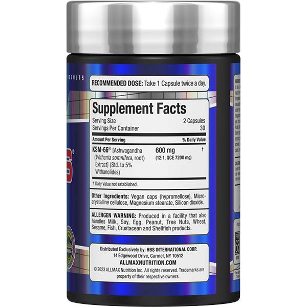 Supplement facts, ingredients, and directions for ALLMAX Ashwagandha KSM-66.