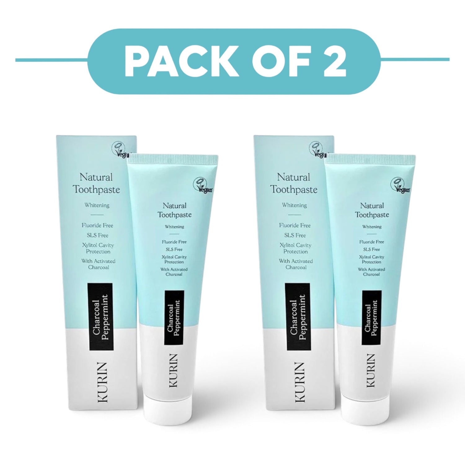 Kurin Fluoride Free Natural Whitening Toothpaste Charcoal Peppermint 100ml Pack of 2