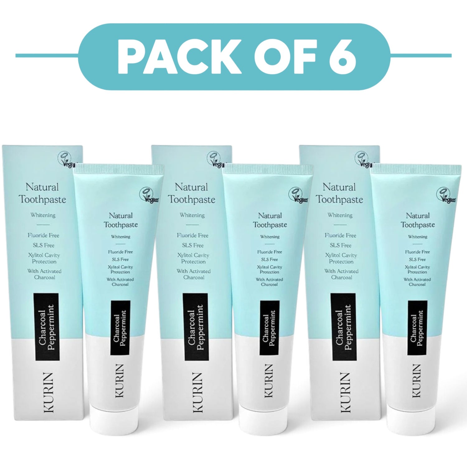 Kurin Fluoride Free Natural Whitening Toothpaste Charcoal Peppermint 100ml Pack of 6