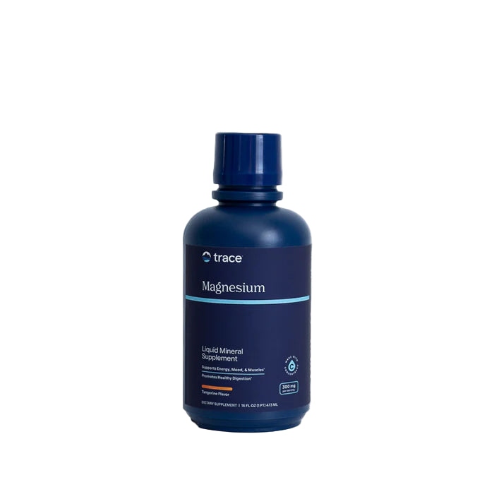 Blue bottle of trace Magnesium liquid mineral supplement on a white background