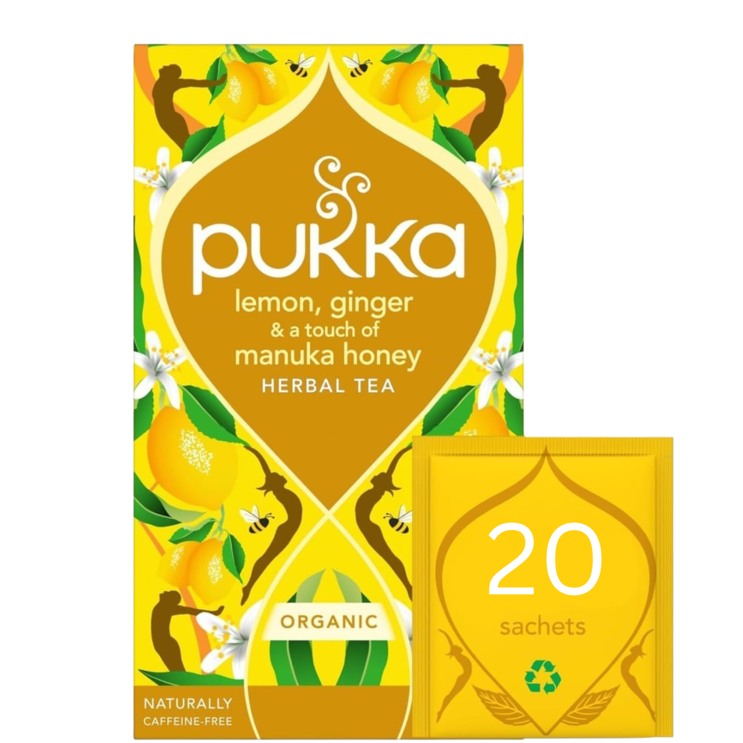 Pukka Organic Lemon Ginger Manuka Honey Herbal Tea box, 20 sachets, 34g.