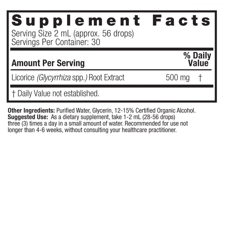 Supplement facts label for Licorice root extract on a white background