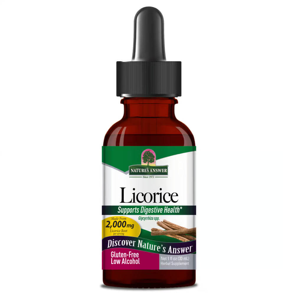 Bottle of Nature's Answer Licorice supplement with dropper on a white background