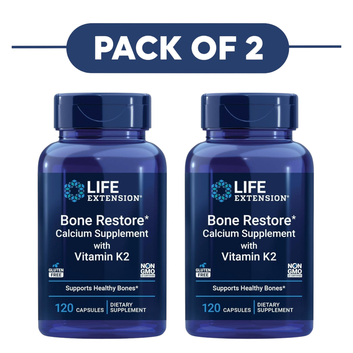 Life Extension Bone Restore Calcium with Vitamin K2 120 Capsules Pack of 2