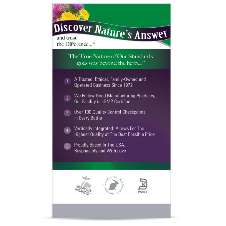 Product packaging with 'Discover Nature's Answer' branding and text on a white background