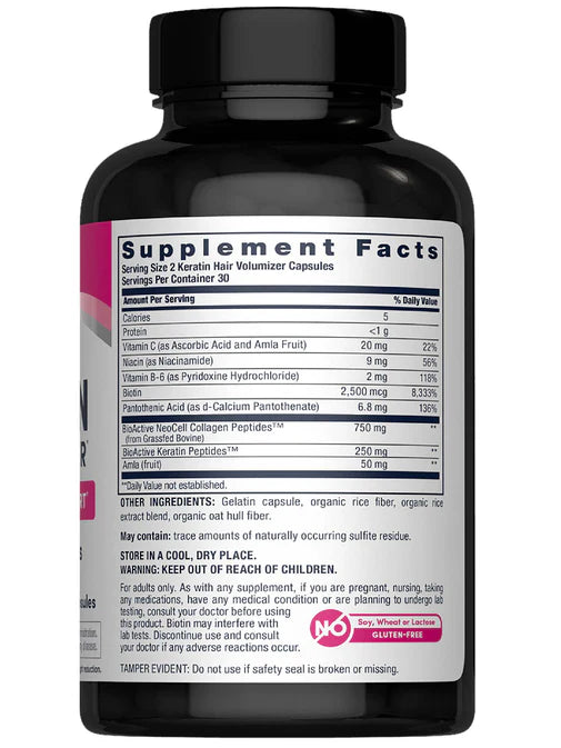 Supplement facts label for NeoCell Keratin Hair Volumizer capsules.