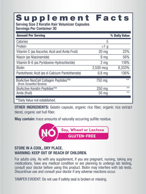 Supplement facts label for NeoCell Keratin Hair Volumizer capsules.