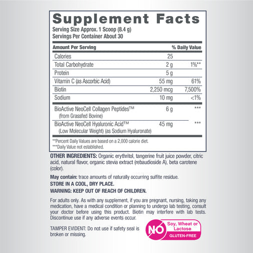 Nutrition label for NeoCell Beauty Infusion collagen powder supplement.