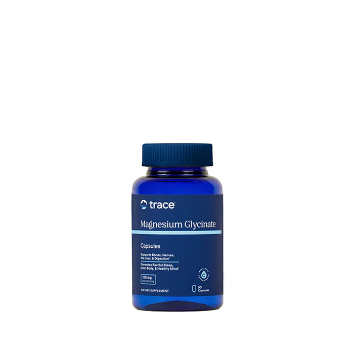 Blue bottle of trace Magnesium Glycinate capsules on a white background