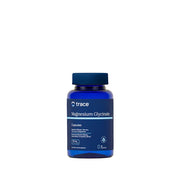 Blue bottle of trace Magnesium Glycinate capsules on a white background