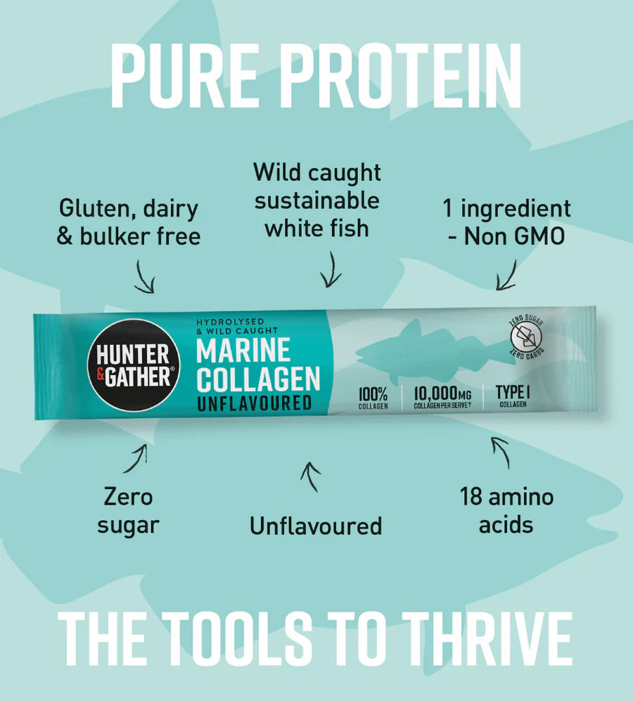Hunter and Gather Marine Collagen packaging with product details on a light blue background