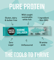 Hunter and Gather Marine Collagen packaging with product details on a light blue background