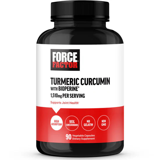 Force Factor Turmeric Curcumin with BioPerine supplement bottle, 90 capsules.