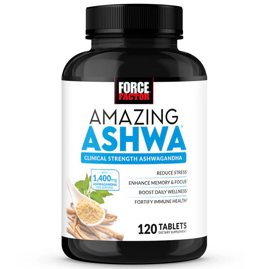 Force Factor Amazing Ashwa supplement bottle on a white background