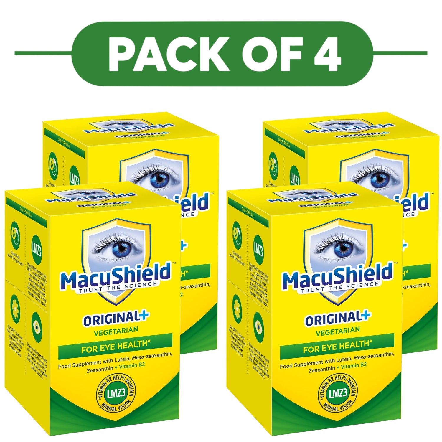 MacuShield Original+ Vegetarian Lutein Vitamin B2 90 Capsules Pack of 4