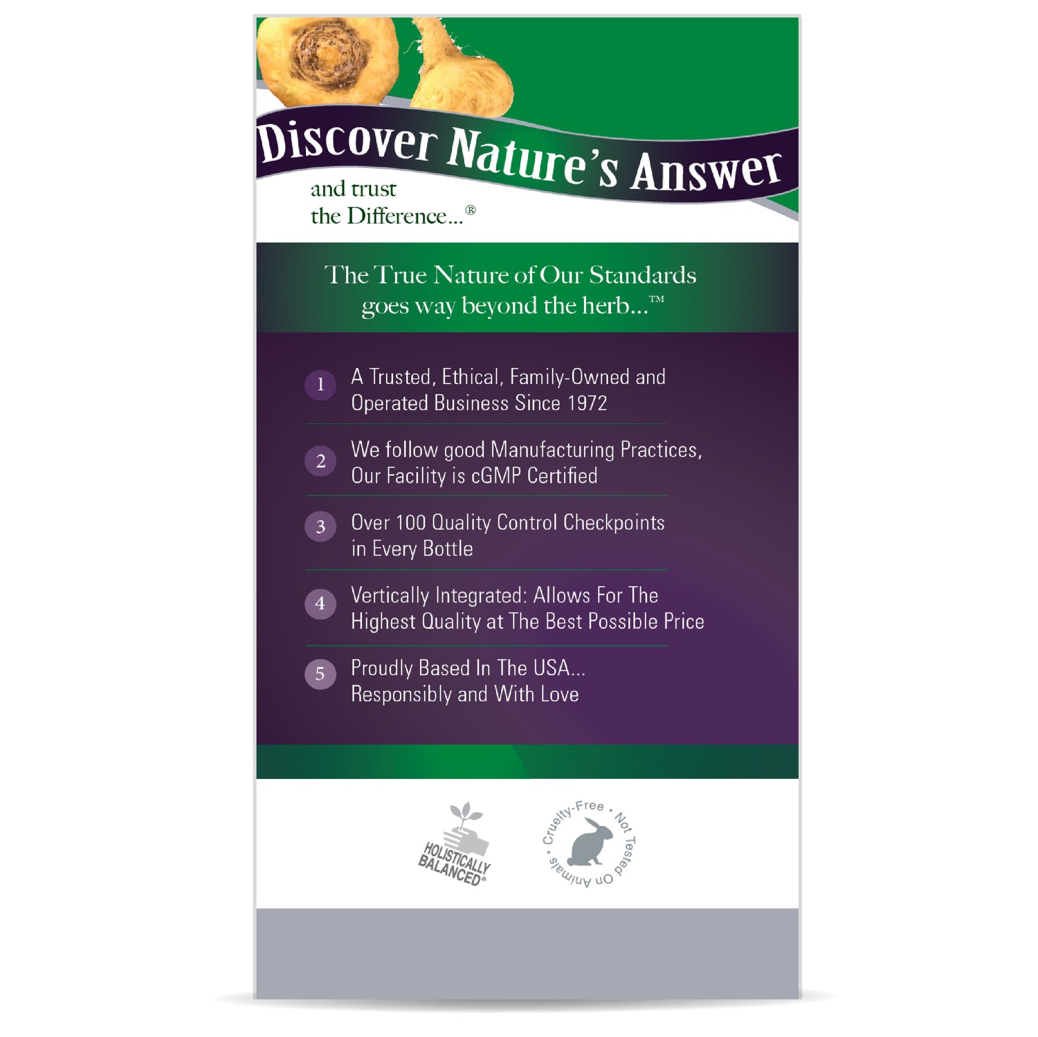 Nature's Answer product packaging with text and branding elements.