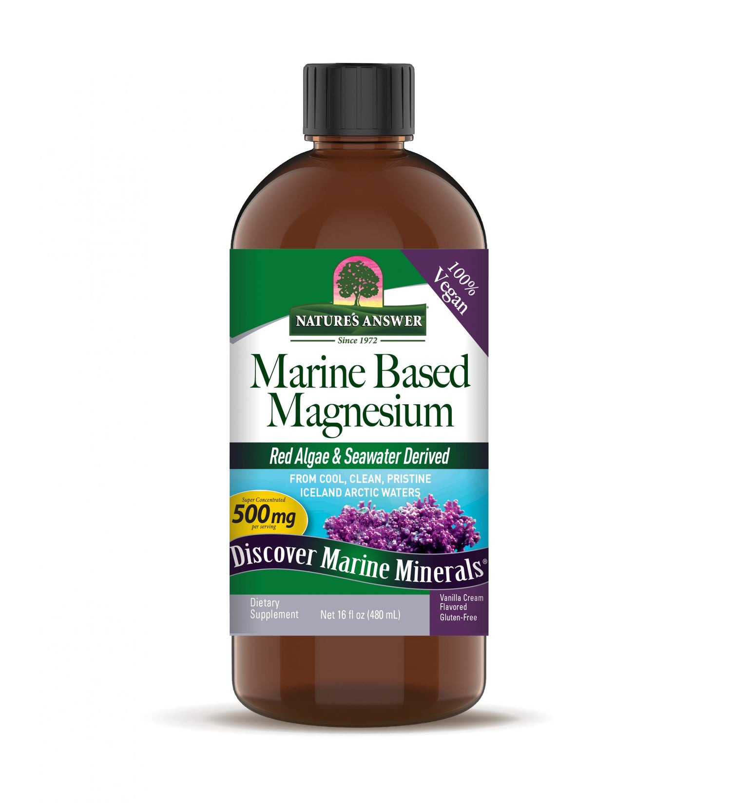 Bottle of Nature's Answer Marine Based Magnesium supplement on a white background