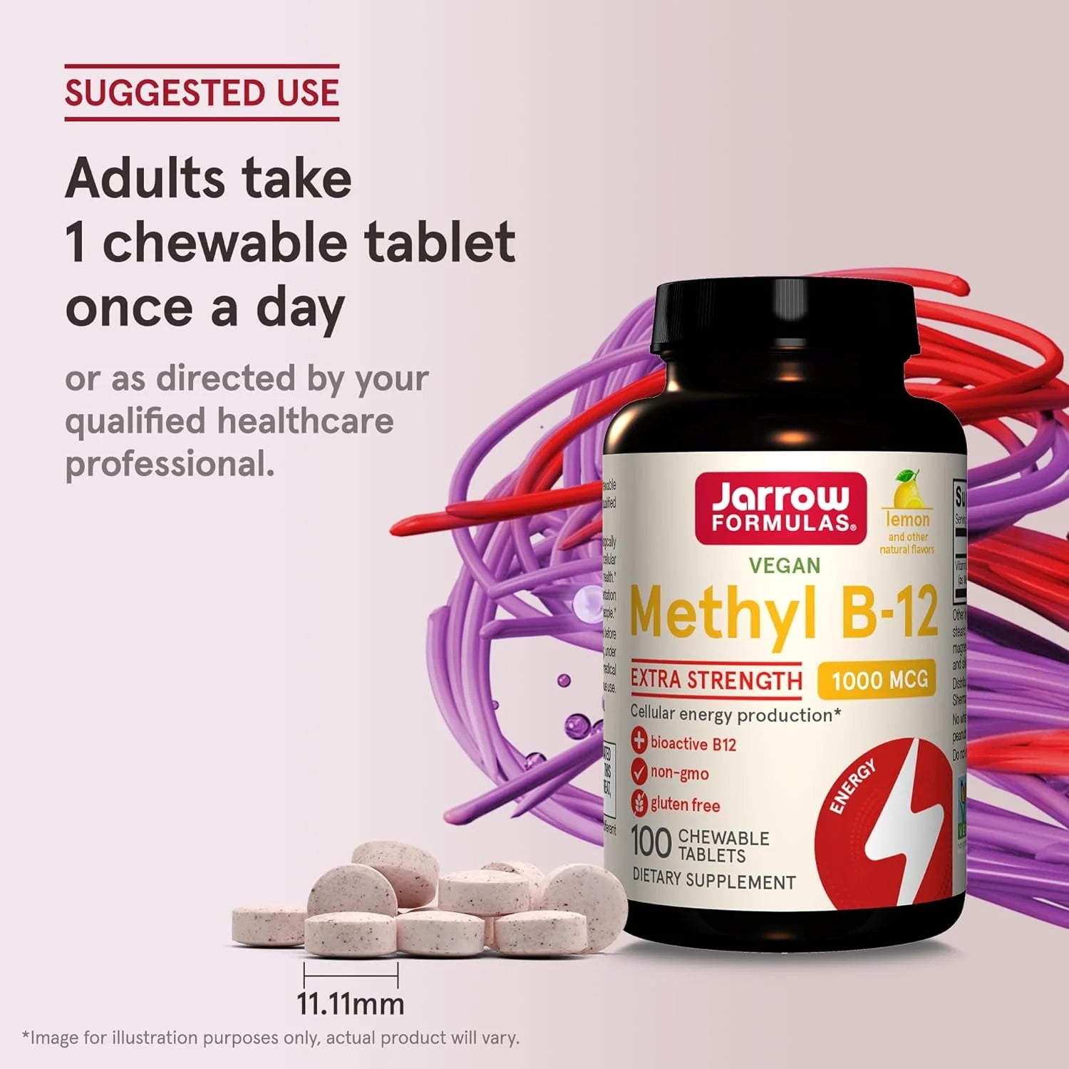 How to Use Image: Jarrow Formulas Methyl B-12 1000mcg chewable tablets lemon usage instructions 100 count