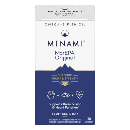 Minami MorEPA Original high-strength omega-3 fish oil softgels box, 30 count.
