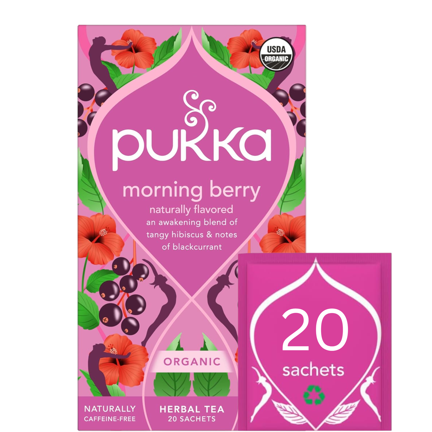 Pukka Organic Morning Berry Herbal Tea box, 20 sachets.