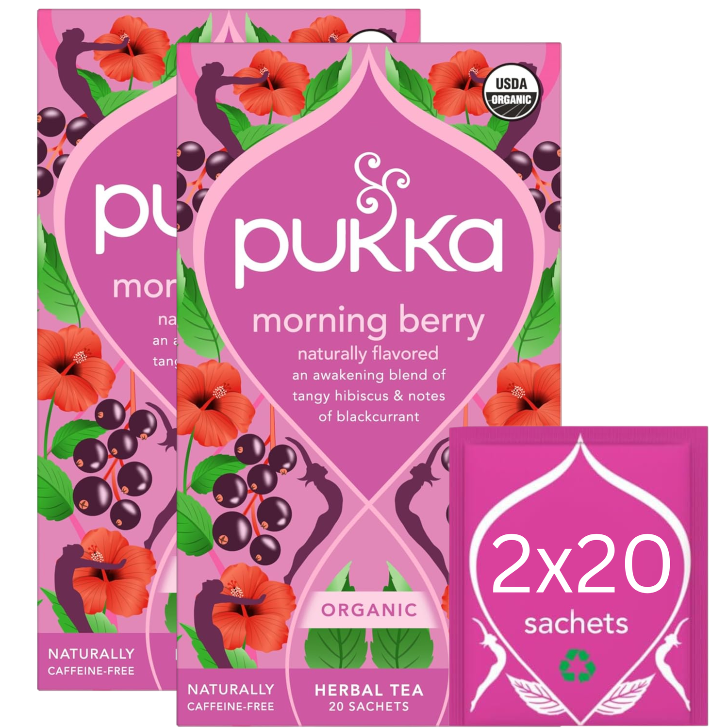 Pukka Organic Morning Berry Herbal Tea box, 40 sachets.