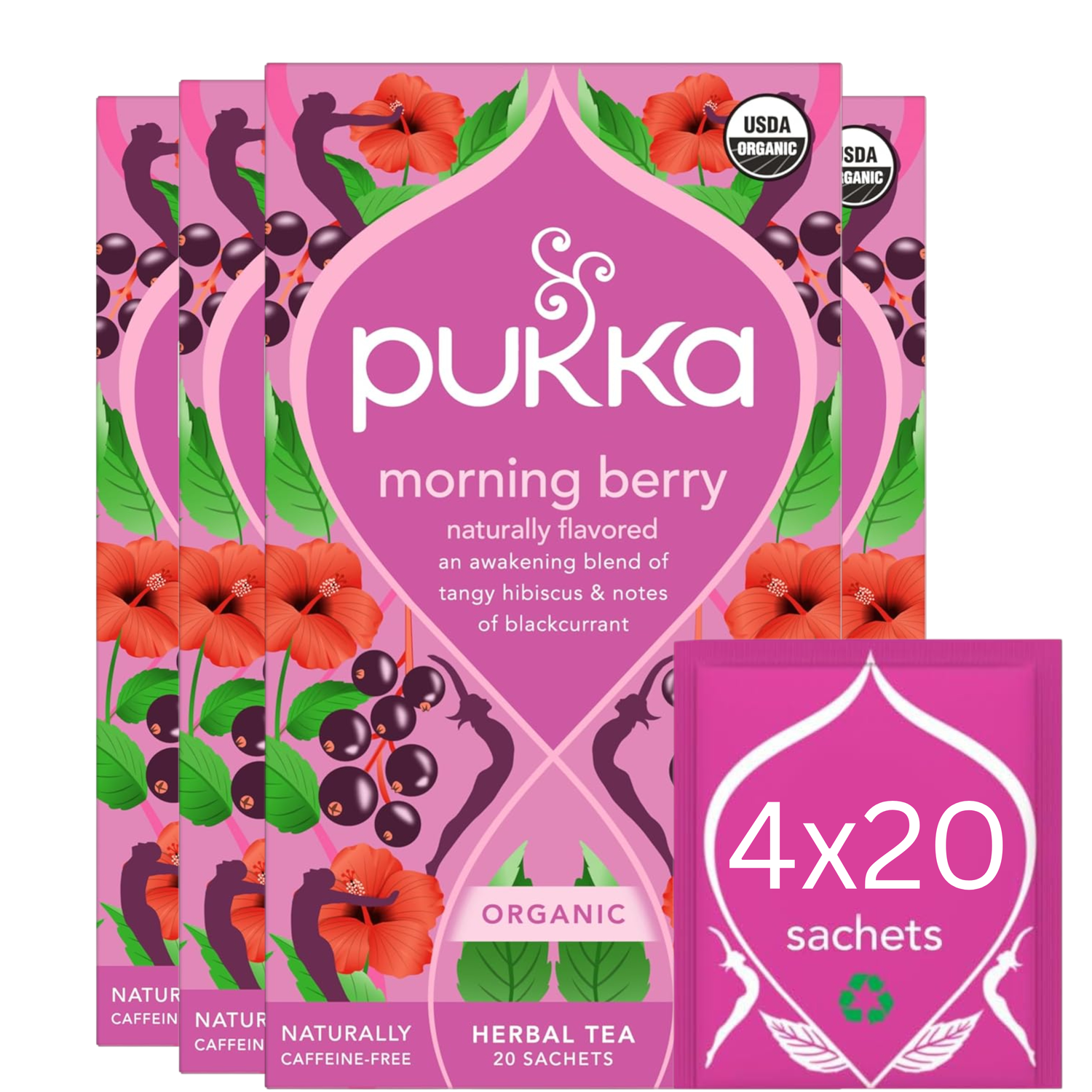 Pukka Organic Morning Berry Herbal Tea box, 80 sachets.